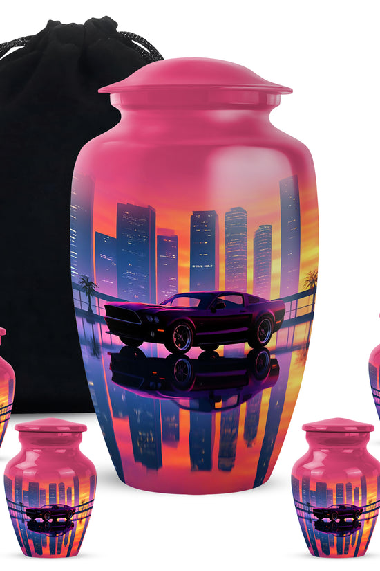 Vintage Pink Car Cremation Urn top-down view of secure threaded lid - traditional car engraving with hand-polished finish - memorial set with one large and four small urns