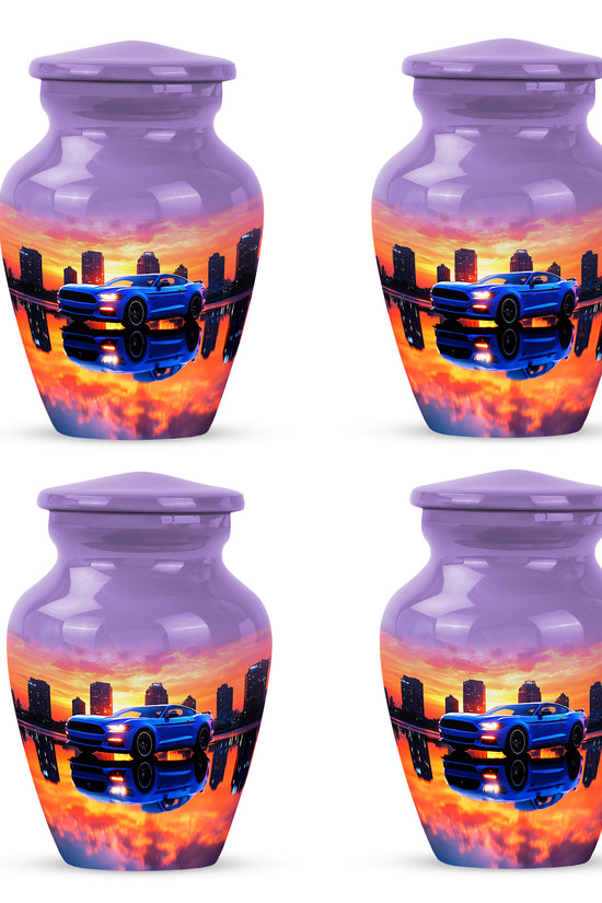 Violet Purple Car Cremation Urn side profile showing urn shape - traditional car engraving with hand-polished finish - 10 inch aluminum urn for cremated remains