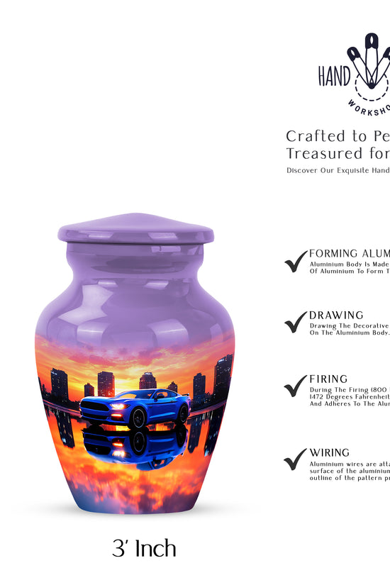 Majestic Purple Car Cremation Urn close-up of engraving and surface detail - timeless car motif etched into premium metal - mini keepsake memorial for portion of cremation ashes