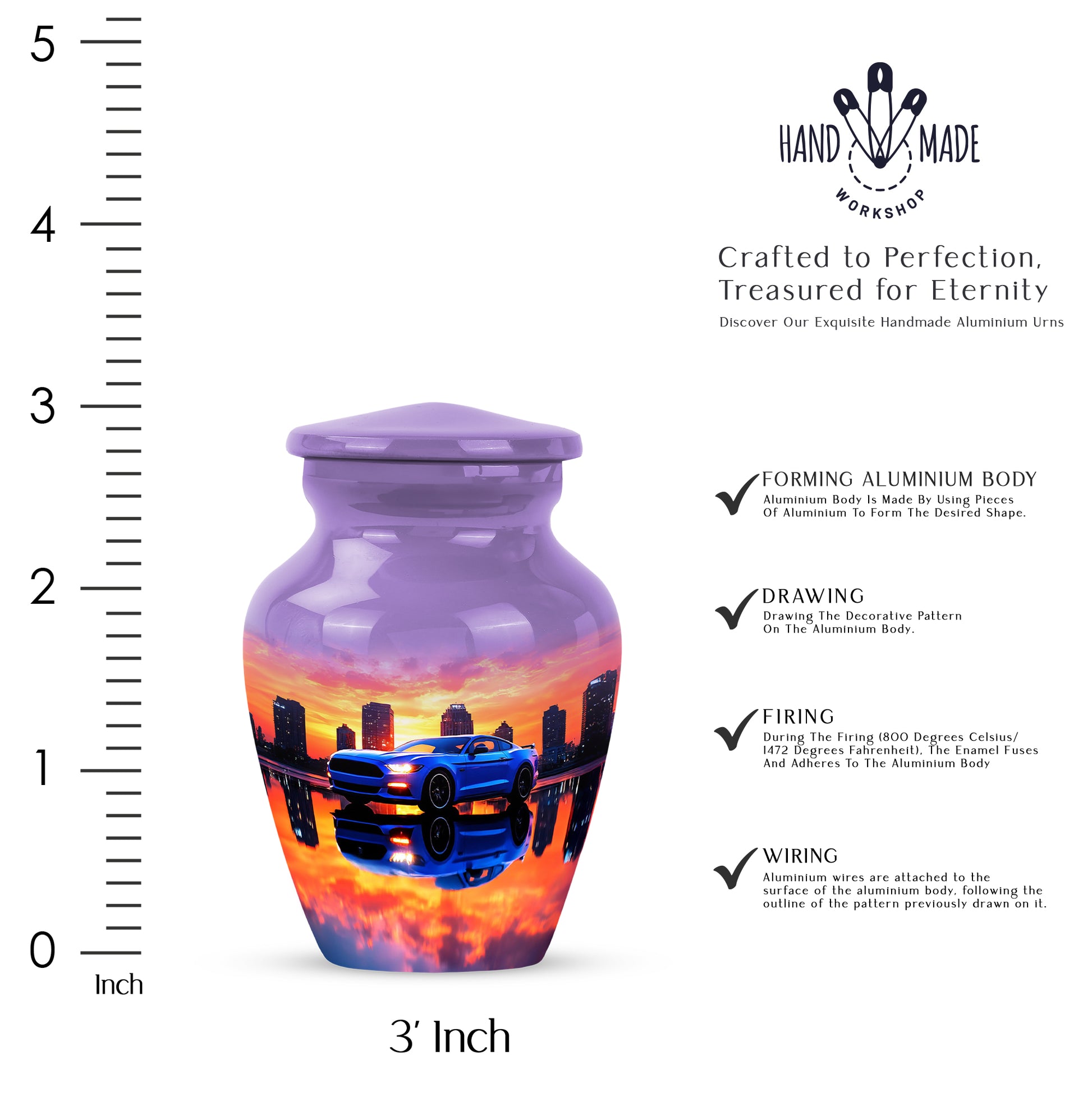 Majestic Purple Car Cremation Urn close-up of engraving and surface detail - timeless car motif etched into premium metal - mini keepsake memorial for portion of cremation ashes