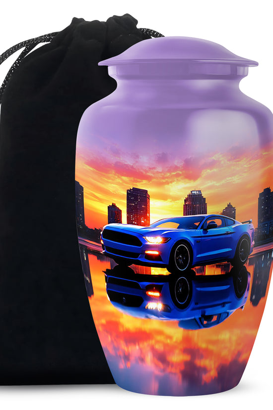 Orchid Purple Car Cremation Urn angled view of lid and engraved motif - classic sculpted car pattern on smooth aluminum - full-size 10 inch 200 cubic inch adult cremation urn