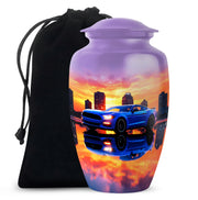 Orchid Purple Car Cremation Urn angled view of lid and engraved motif - classic sculpted car pattern on smooth aluminum - full-size 10 inch 200 cubic inch adult cremation urn
