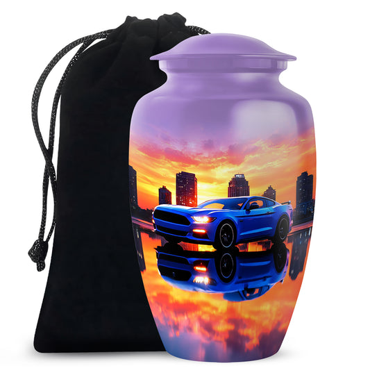 Orchid Purple Car Cremation Urn angled view of lid and engraved motif - classic sculpted car pattern on smooth aluminum - full-size 10 inch 200 cubic inch adult cremation urn