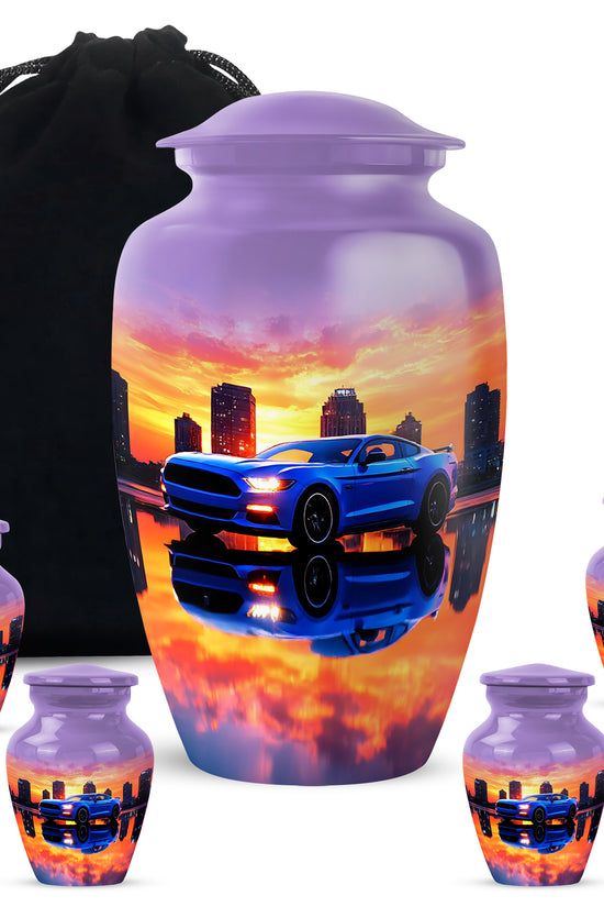 Deep Purple Car Cremation Urn top-down view of secure threaded lid - timeless car motif etched into premium metal - memorial set with one large and four small urns