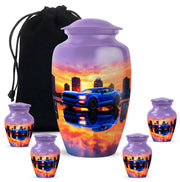 Deep Purple Car Cremation Urn top-down view of secure threaded lid - timeless car motif etched into premium metal - memorial set with one large and four small urns