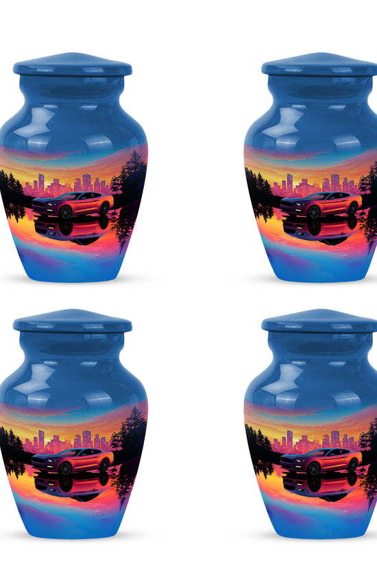 Bright Blue Car Cremation Urn side profile showing urn shape - elegant classic car relief with fine detailing - 10 inch aluminum urn for cremated remains