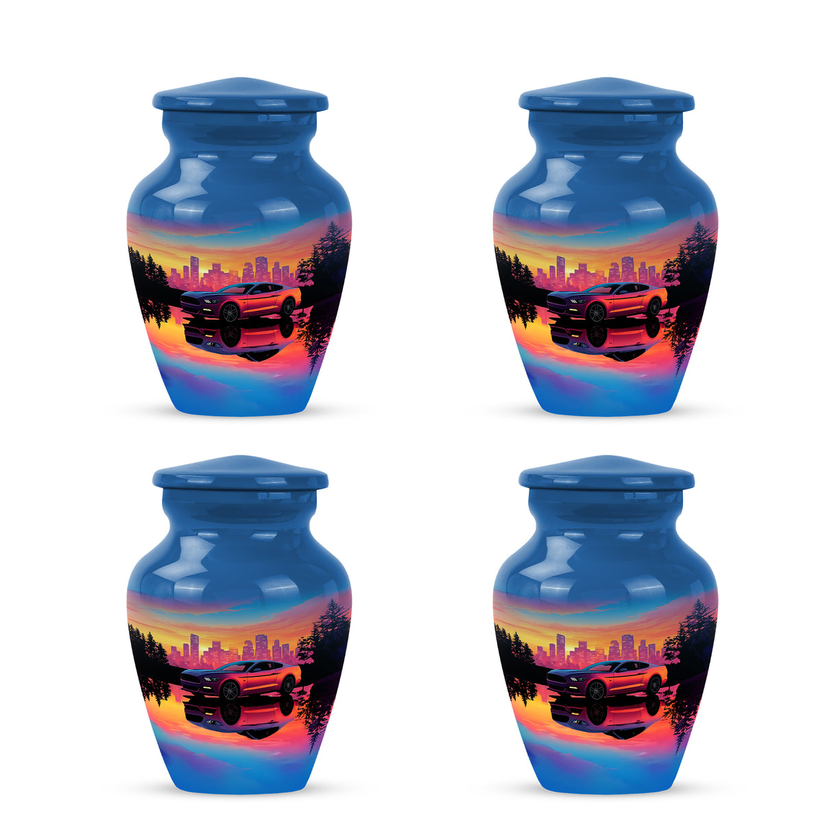 Bright Blue Car Cremation Urn side profile showing urn shape - elegant classic car relief with fine detailing - 10 inch aluminum urn for cremated remains