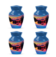 Bright Blue Car Cremation Urn side profile showing urn shape - elegant classic car relief with fine detailing - 10 inch aluminum urn for cremated remains