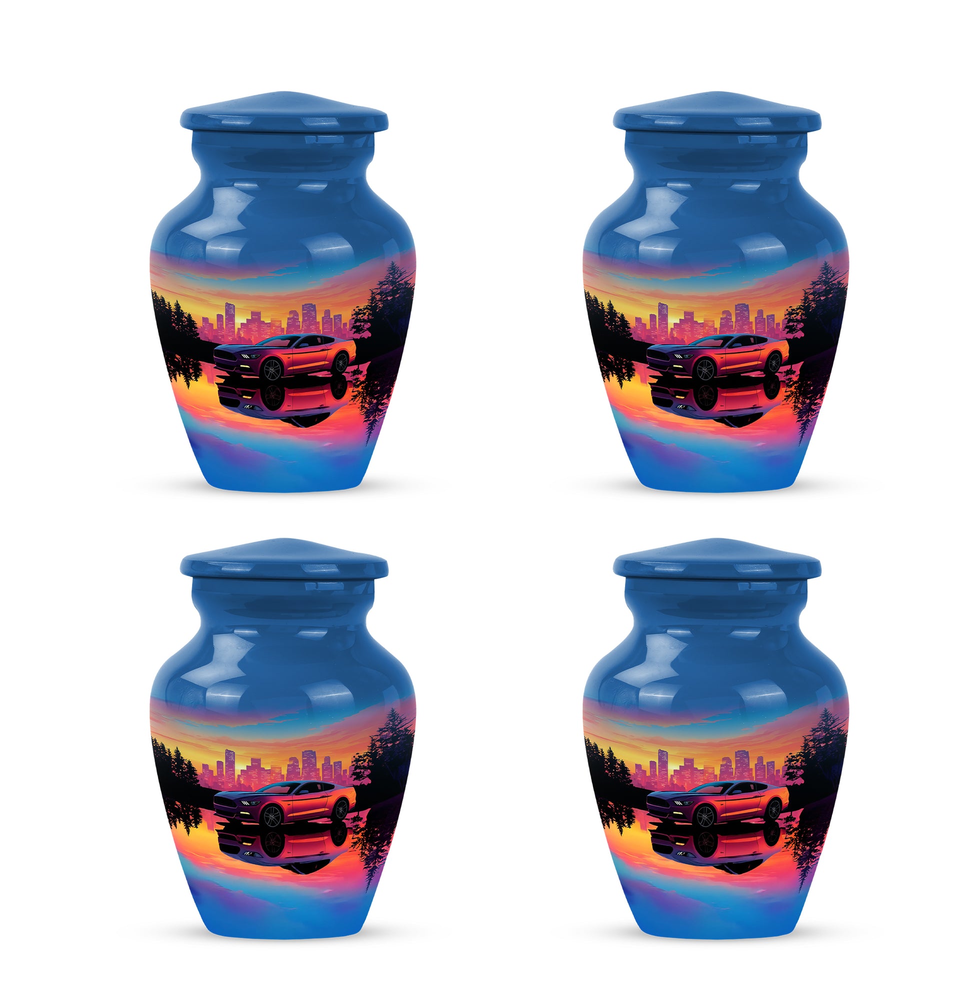 Bright Blue Car Cremation Urn side profile showing urn shape - elegant classic car relief with fine detailing - 10 inch aluminum urn for cremated remains
