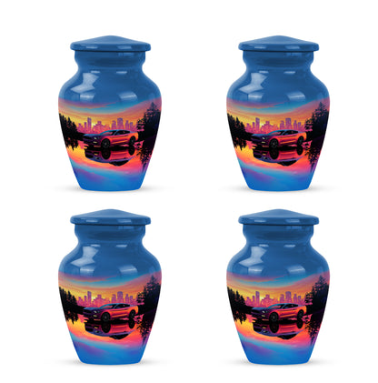 Bright Blue Car Cremation Urn side profile showing urn shape - elegant classic car relief with fine detailing - 10 inch aluminum urn for cremated remains