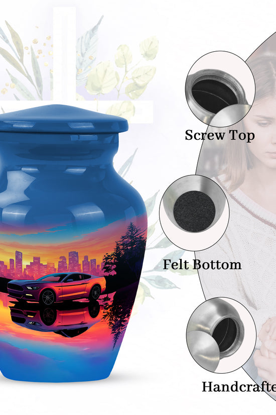 Icy Blue Car Cremation Urn close-up of engraving and surface detail - timeless car motif etched into premium metal - mini keepsake memorial for portion of cremation ashes