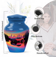 Icy Blue Car Cremation Urn close-up of engraving and surface detail - timeless car motif etched into premium metal - mini keepsake memorial for portion of cremation ashes