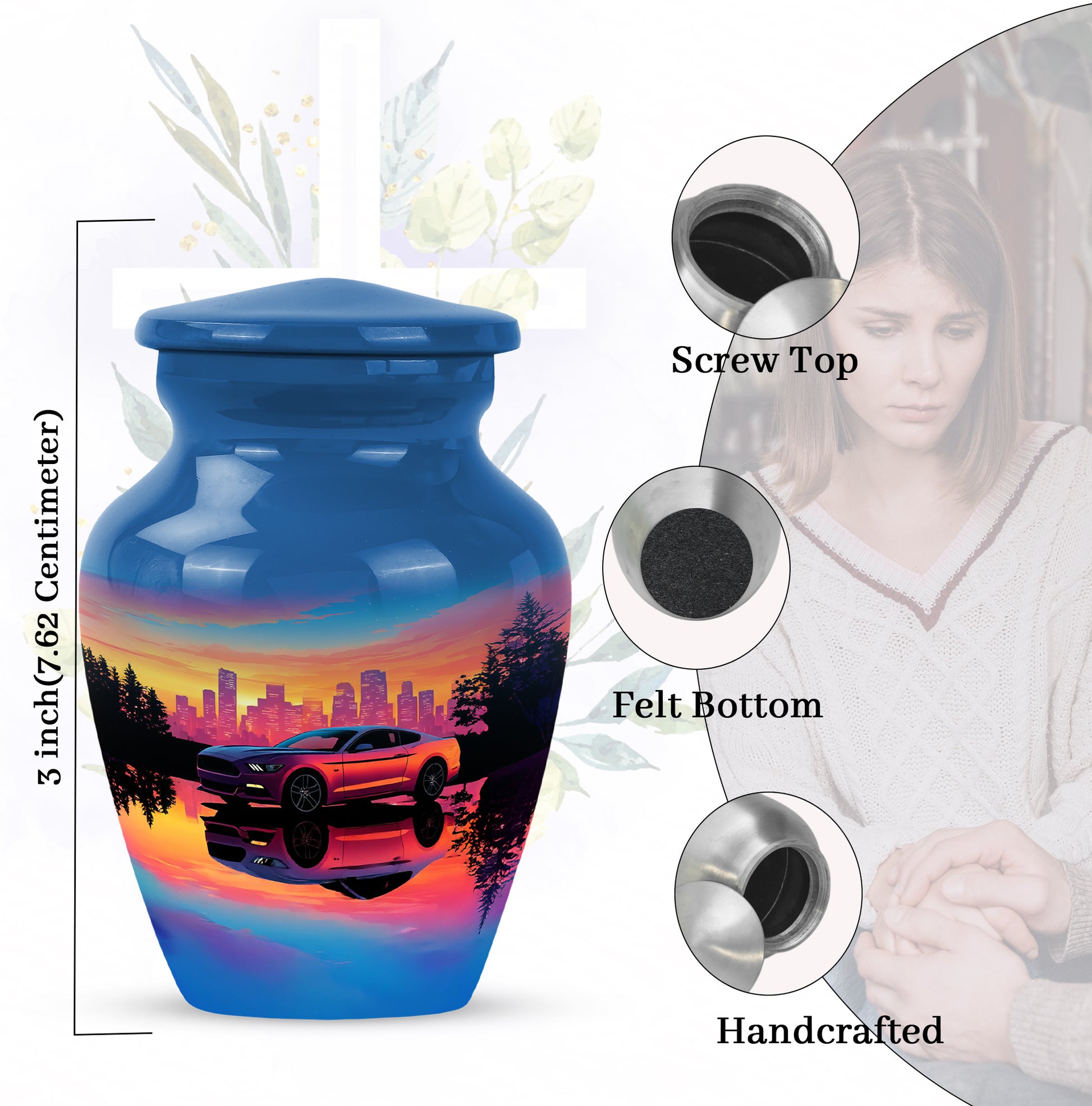 Icy Blue Car Cremation Urn close-up of engraving and surface detail - timeless car motif etched into premium metal - mini keepsake memorial for portion of cremation ashes