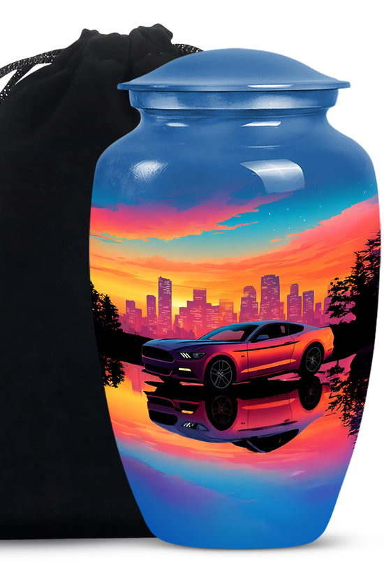 Slate Blue Car Cremation Urn angled view of lid and engraved motif - timeless car motif etched into premium metal - full-size 10 inch 200 cubic inch adult cremation urn