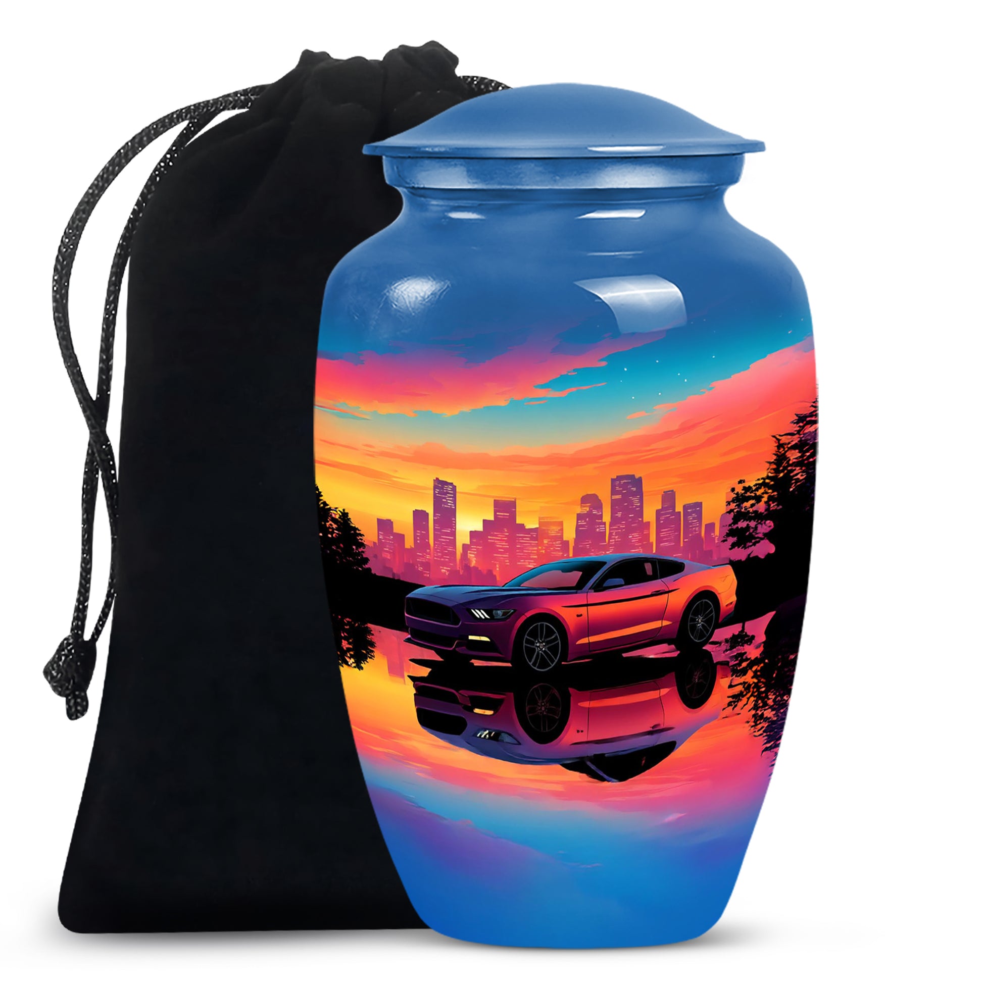 Slate Blue Car Cremation Urn angled view of lid and engraved motif - timeless car motif etched into premium metal - full-size 10 inch 200 cubic inch adult cremation urn