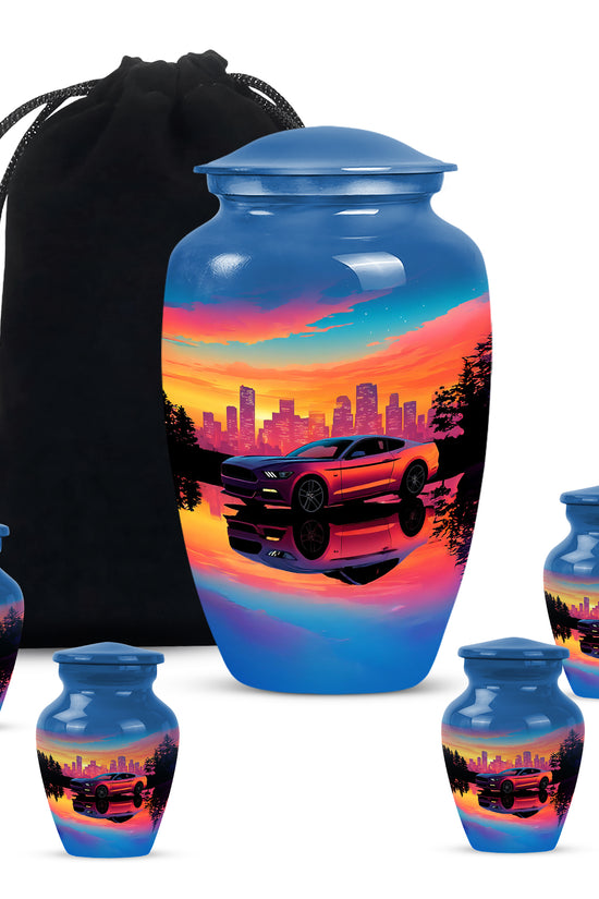 Sapphire Blue Car Cremation Urn top-down view of secure threaded lid - traditional car engraving with hand-polished finish - memorial set with one large and four small urns