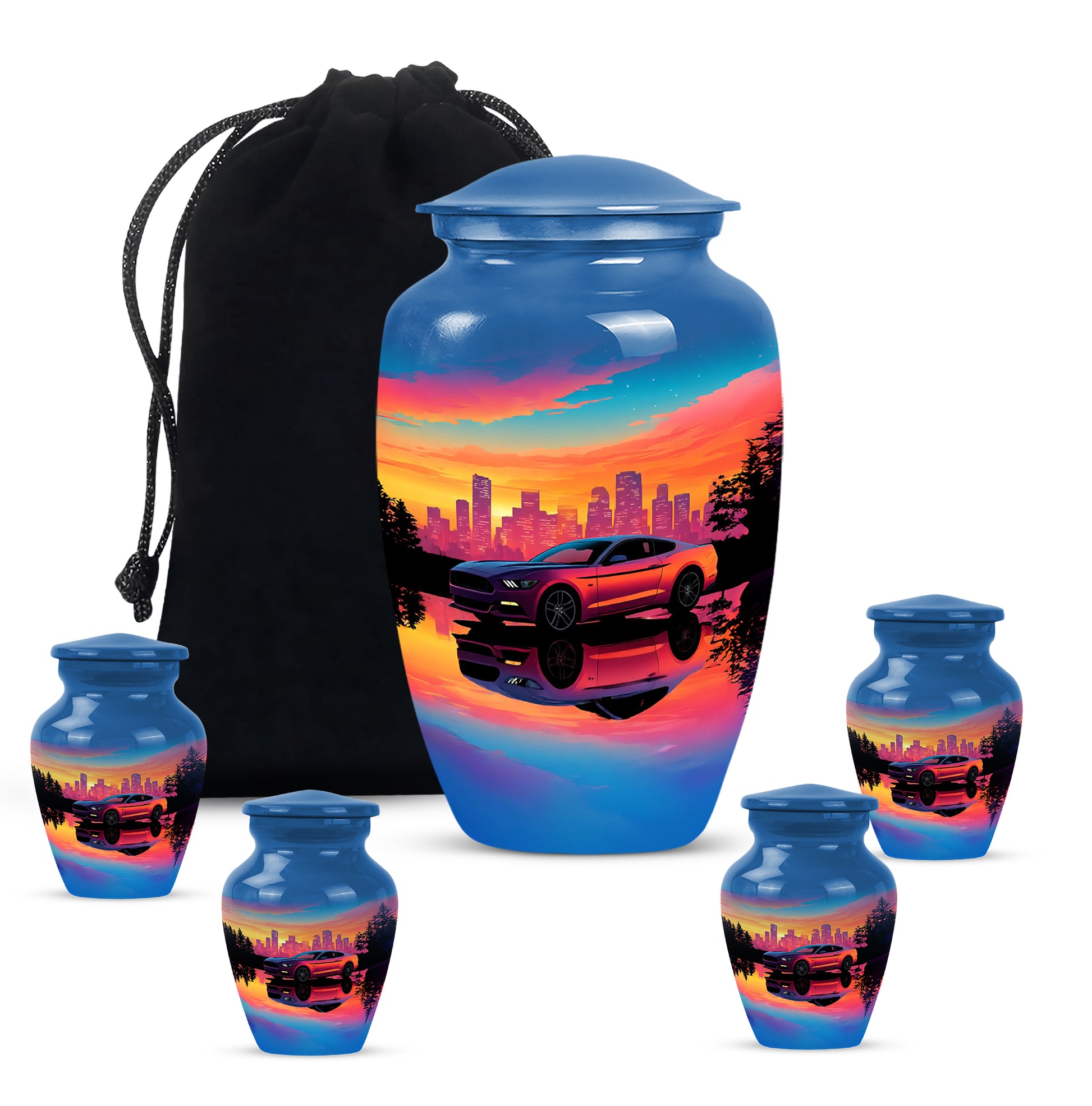 Sapphire Blue Car Cremation Urn top-down view of secure threaded lid - traditional car engraving with hand-polished finish - memorial set with one large and four small urns