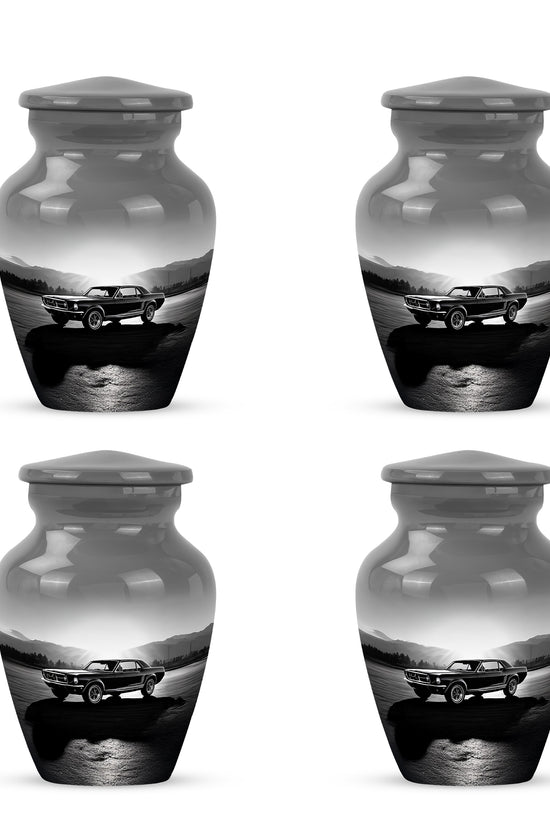 Storm Gray Car Cremation Urn side profile showing urn shape - traditional car engraving with hand-polished finish - 10 inch aluminum urn for cremated remains