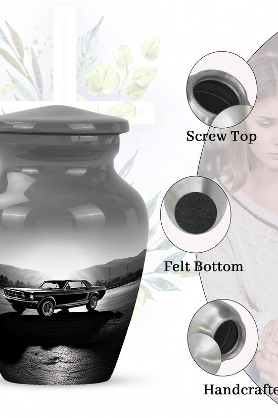 Ash Gray Car Cremation Urn close-up of engraving and surface detail - traditional car engraving with hand-polished finish - mini keepsake memorial for portion of cremation ashes