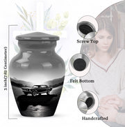 Ash Gray Car Cremation Urn close-up of engraving and surface detail - traditional car engraving with hand-polished finish - mini keepsake memorial for portion of cremation ashes