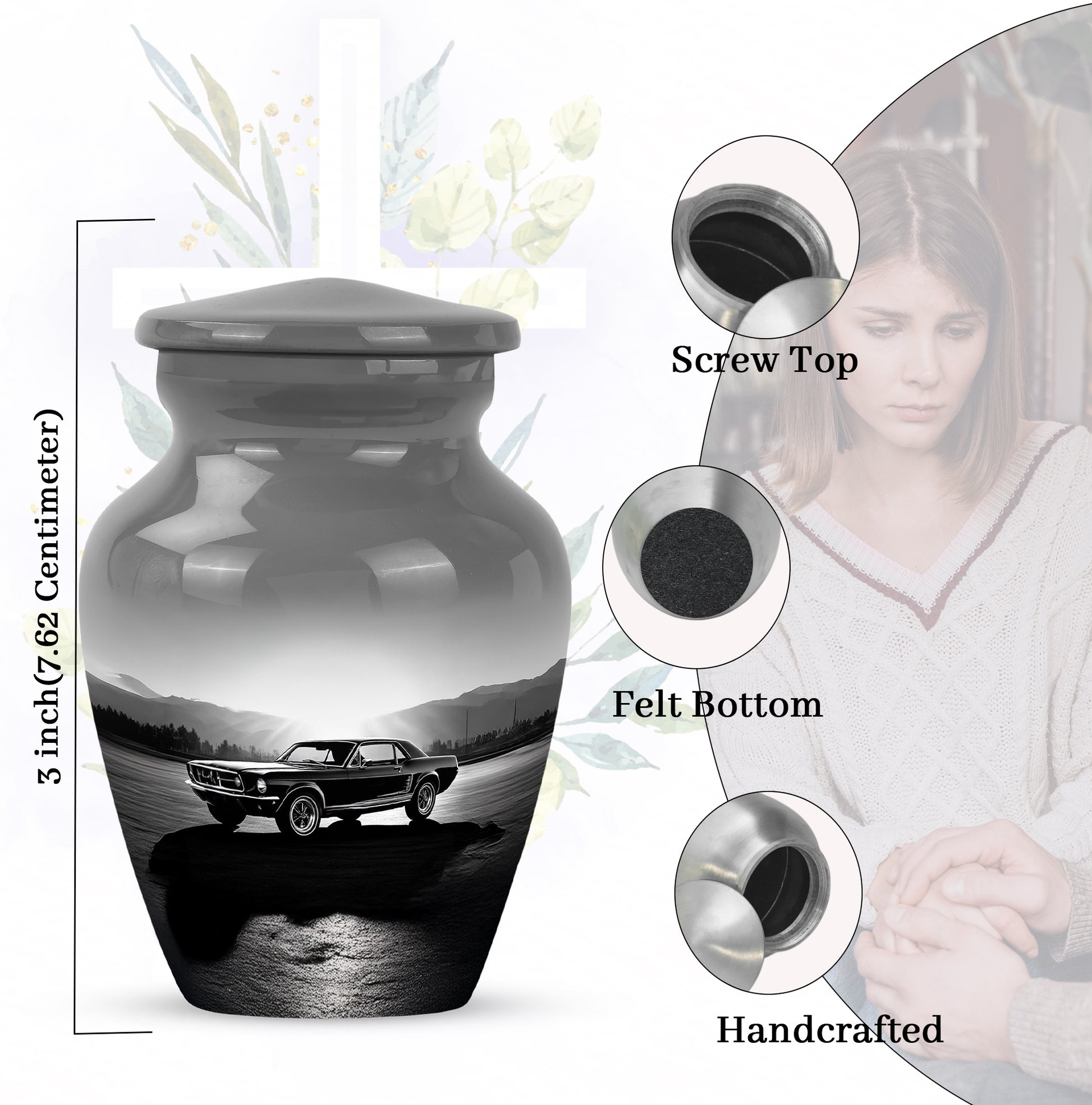 Ash Gray Car Cremation Urn close-up of engraving and surface detail - traditional car engraving with hand-polished finish - mini keepsake memorial for portion of cremation ashes