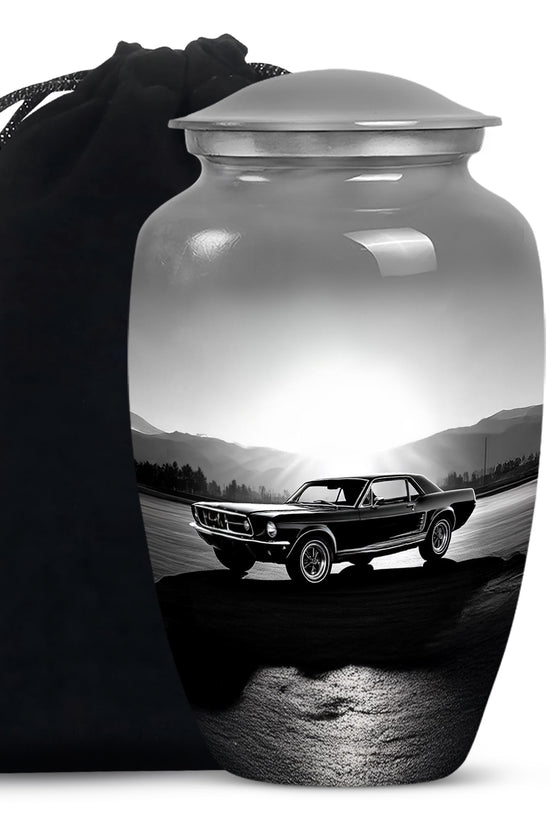 Smoke Gray Car Cremation Urn angled view of lid and engraved motif - elegant classic car relief with fine detailing - full-size 10 inch 200 cubic inch adult cremation urn
