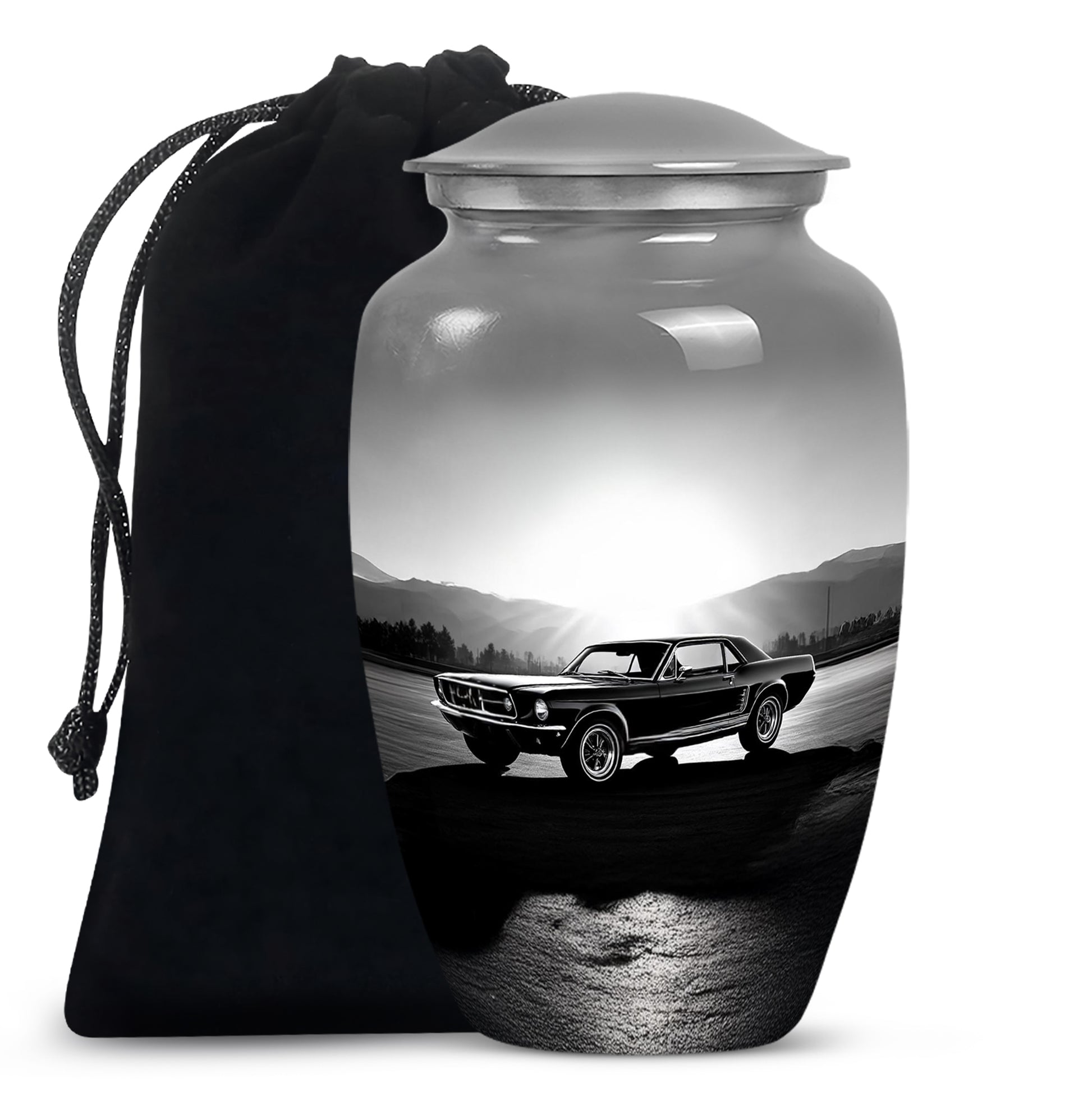 Smoke Gray Car Cremation Urn angled view of lid and engraved motif - elegant classic car relief with fine detailing - full-size 10 inch 200 cubic inch adult cremation urn