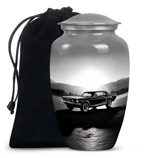 Smoke Gray Car Cremation Urn angled view of lid and engraved motif - elegant classic car relief with fine detailing - full-size 10 inch 200 cubic inch adult cremation urn