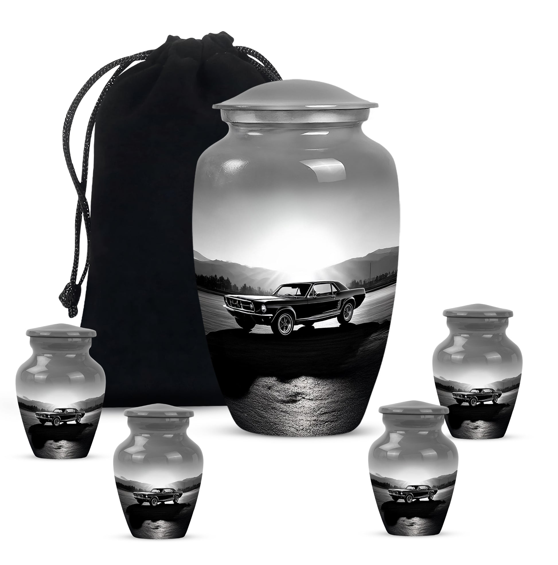 Mist Gray Car Cremation Urn top-down view of secure threaded lid - timeless car motif etched into premium metal - memorial set with one large and four small urns