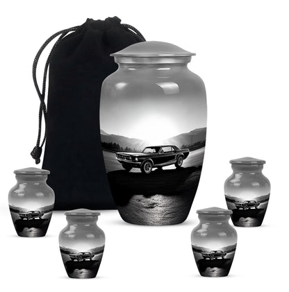 Mist Gray Car Cremation Urn top-down view of secure threaded lid - timeless car motif etched into premium metal - memorial set with one large and four small urns