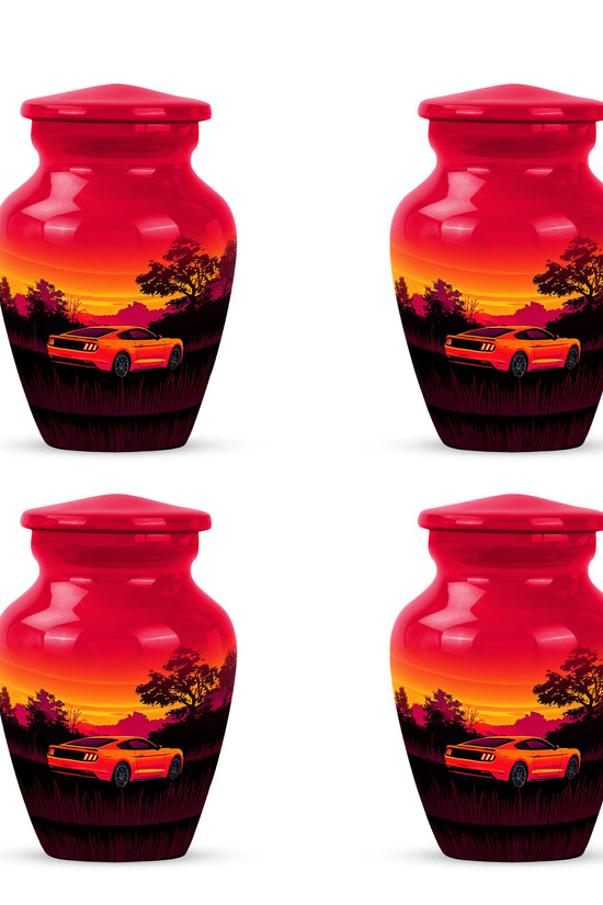 Cherry Red Car Cremation Urn side profile showing urn shape - elegant classic car relief with fine detailing - 10 inch aluminum urn for cremated remains