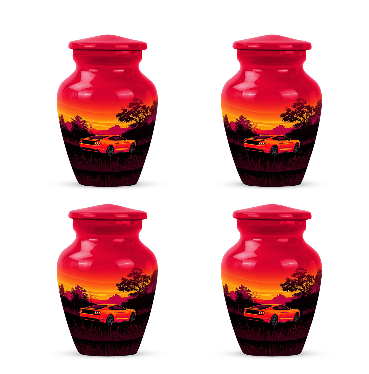 Cherry Red Car Cremation Urn side profile showing urn shape - elegant classic car relief with fine detailing - 10 inch aluminum urn for cremated remains
