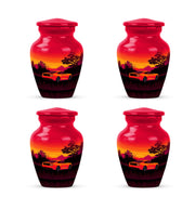 Cherry Red Car Cremation Urn side profile showing urn shape - elegant classic car relief with fine detailing - 10 inch aluminum urn for cremated remains