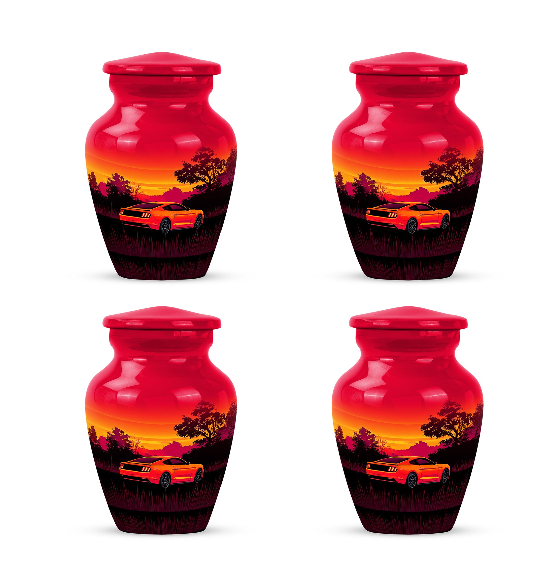 Cherry Red Car Cremation Urn side profile showing urn shape - elegant classic car relief with fine detailing - 10 inch aluminum urn for cremated remains