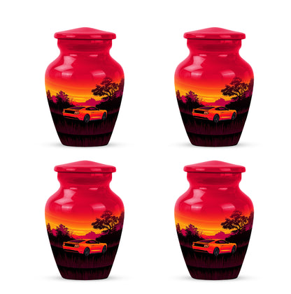 Cherry Red Car Cremation Urn side profile showing urn shape - elegant classic car relief with fine detailing - 10 inch aluminum urn for cremated remains