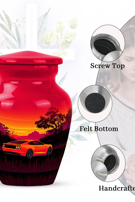 Ruby Red Car Cremation Urn close-up of engraving and surface detail - traditional car engraving with hand-polished finish - mini keepsake memorial for portion of cremation ashes