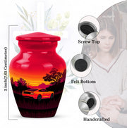 Ruby Red Car Cremation Urn close-up of engraving and surface detail - traditional car engraving with hand-polished finish - mini keepsake memorial for portion of cremation ashes