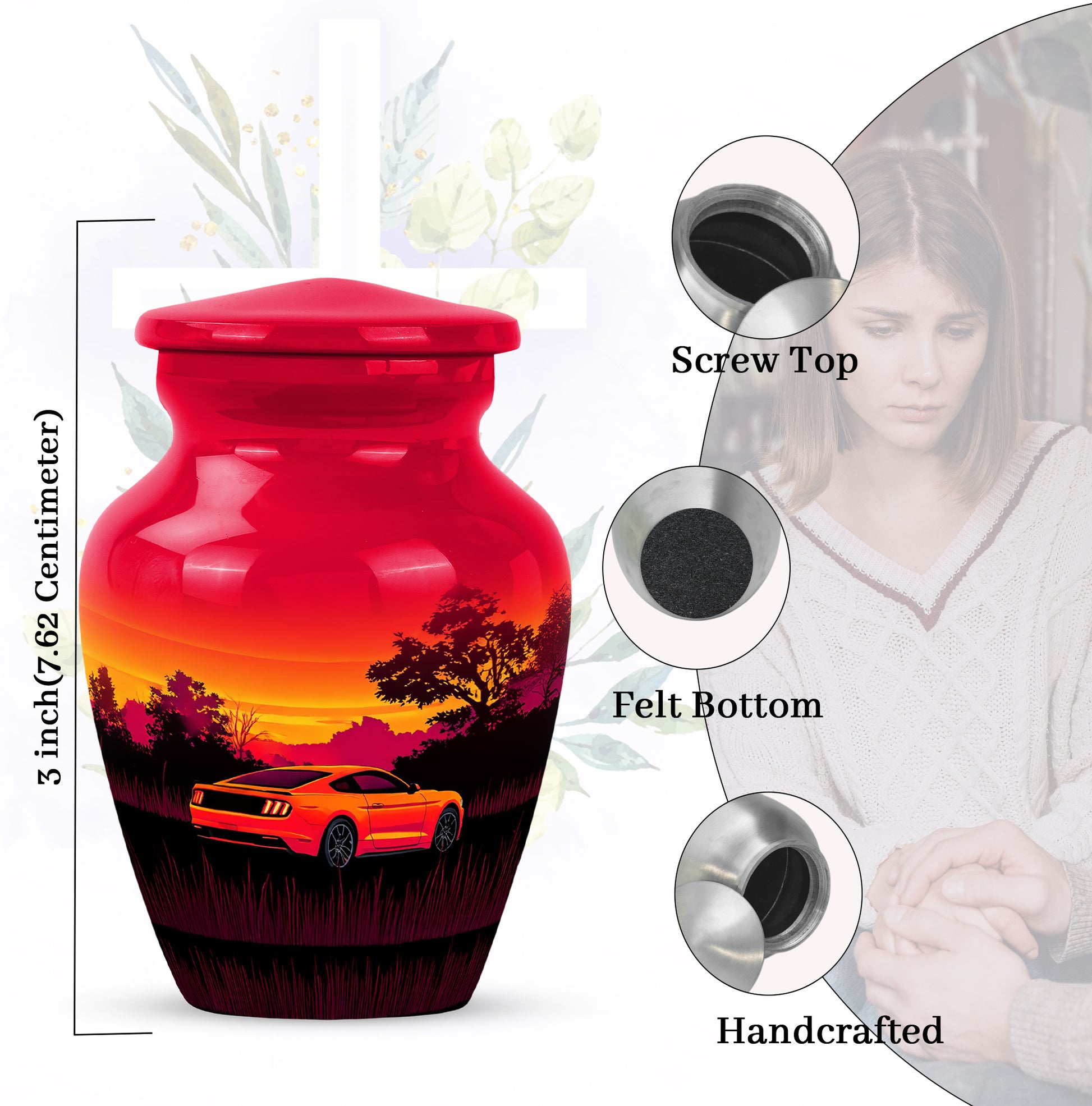 Ruby Red Car Cremation Urn close-up of engraving and surface detail - traditional car engraving with hand-polished finish - mini keepsake memorial for portion of cremation ashes