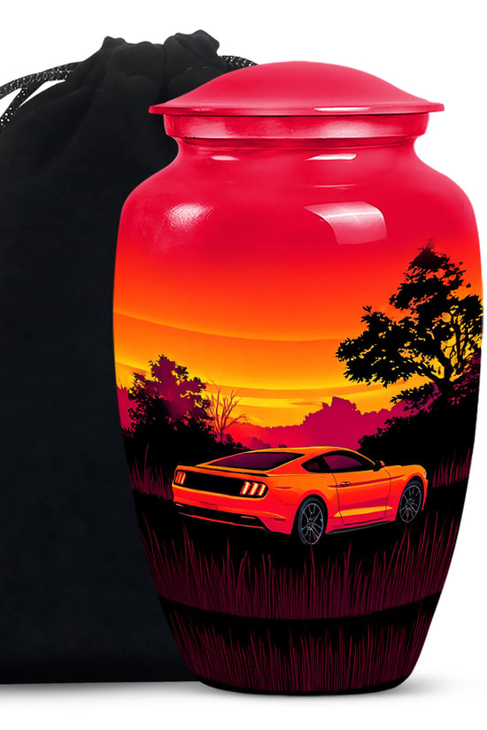 Ruby Red Car Cremation Urn angled view of lid and engraved motif - elegant classic car relief with fine detailing - full-size 10 inch 200 cubic inch adult cremation urn