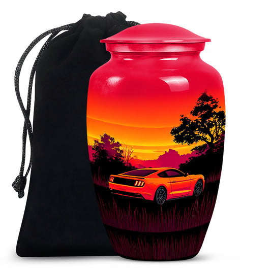 Ruby Red Car Cremation Urn angled view of lid and engraved motif - elegant classic car relief with fine detailing - full-size 10 inch 200 cubic inch adult cremation urn