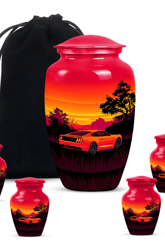 Ruby Red Car Cremation Urn top-down view of secure threaded lid - traditional car engraving with hand-polished finish - memorial set with one large and four small urns