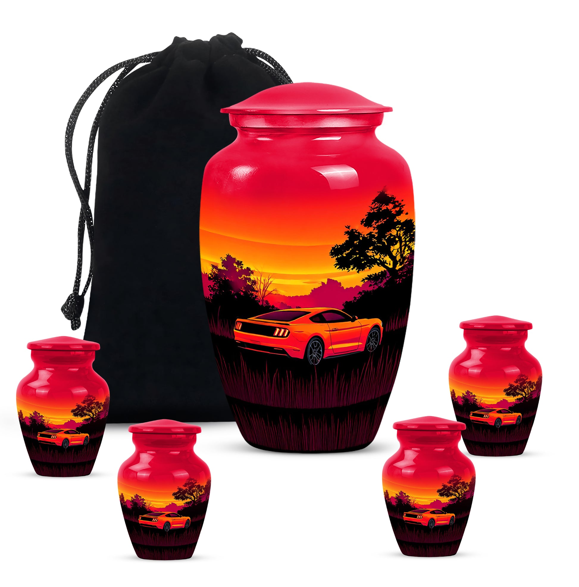Ruby Red Car Cremation Urn top-down view of secure threaded lid - traditional car engraving with hand-polished finish - memorial set with one large and four small urns