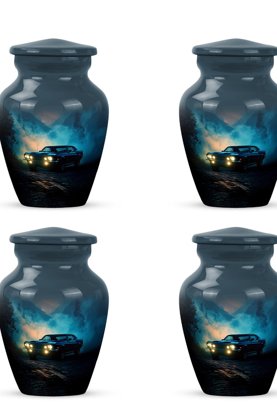 Sky Blue Car Cremation Urn side profile showing urn shape - timeless car motif etched into premium metal - 10 inch aluminum urn for cremated remains