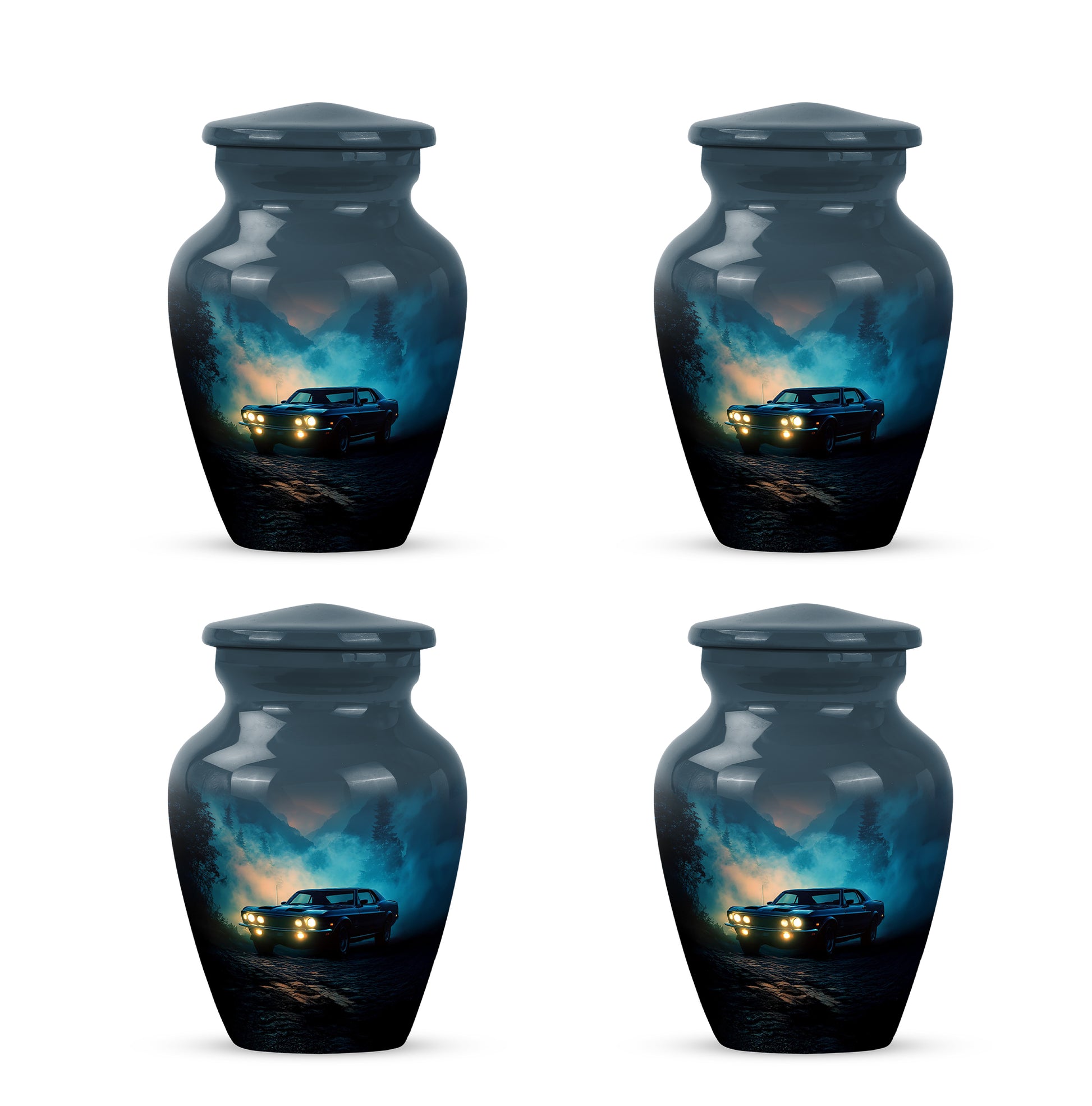Sky Blue Car Cremation Urn side profile showing urn shape - timeless car motif etched into premium metal - 10 inch aluminum urn for cremated remains