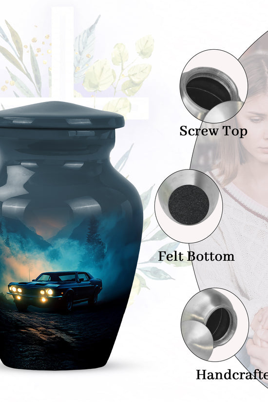 Calming Blue Car Cremation Urn close-up of engraving and surface detail - elegant classic car relief with fine detailing - mini keepsake memorial for portion of cremation ashes