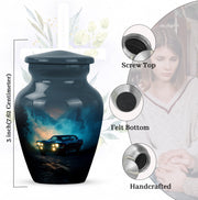 Calming Blue Car Cremation Urn close-up of engraving and surface detail - elegant classic car relief with fine detailing - mini keepsake memorial for portion of cremation ashes