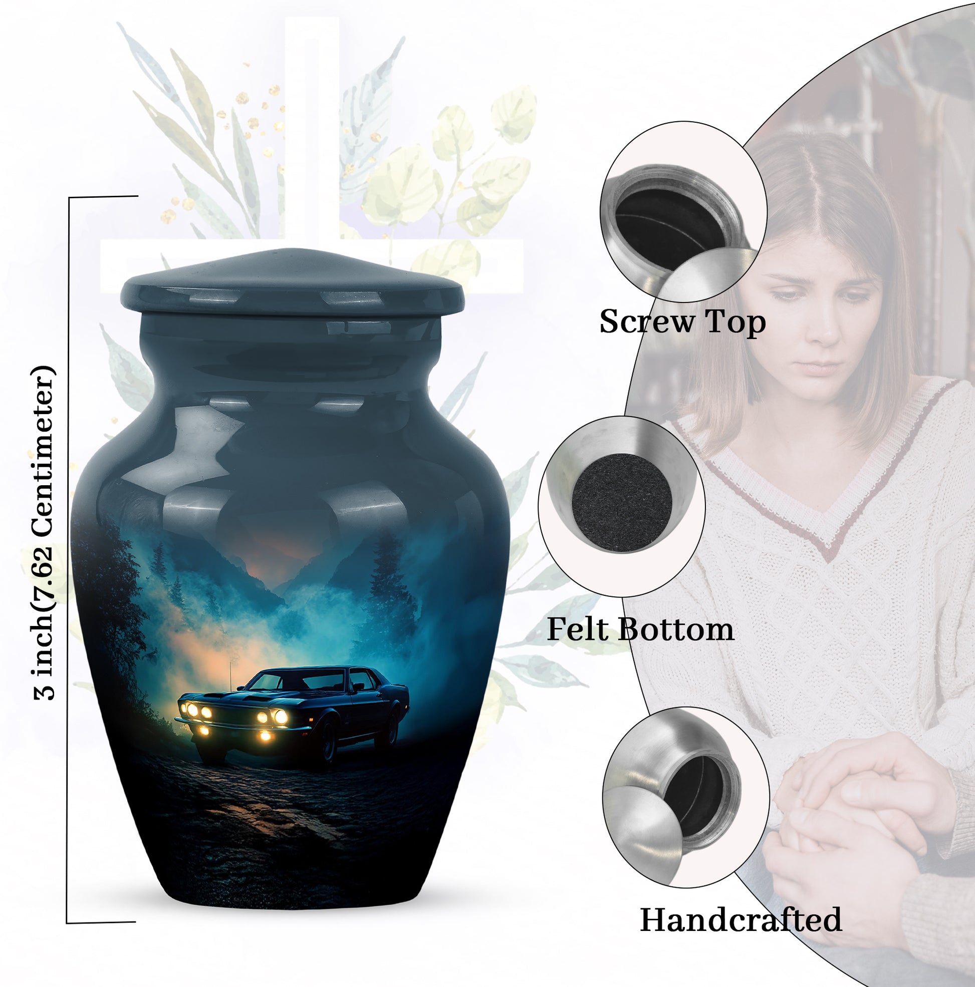 Calming Blue Car Cremation Urn close-up of engraving and surface detail - elegant classic car relief with fine detailing - mini keepsake memorial for portion of cremation ashes