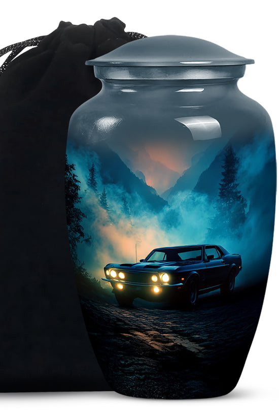 Steel Blue Car Cremation Urn angled view of lid and engraved motif - elegant classic car relief with fine detailing - full-size 10 inch 200 cubic inch adult cremation urn