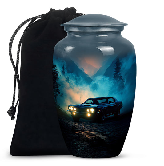 Steel Blue Car Cremation Urn angled view of lid and engraved motif - elegant classic car relief with fine detailing - full-size 10 inch 200 cubic inch adult cremation urn