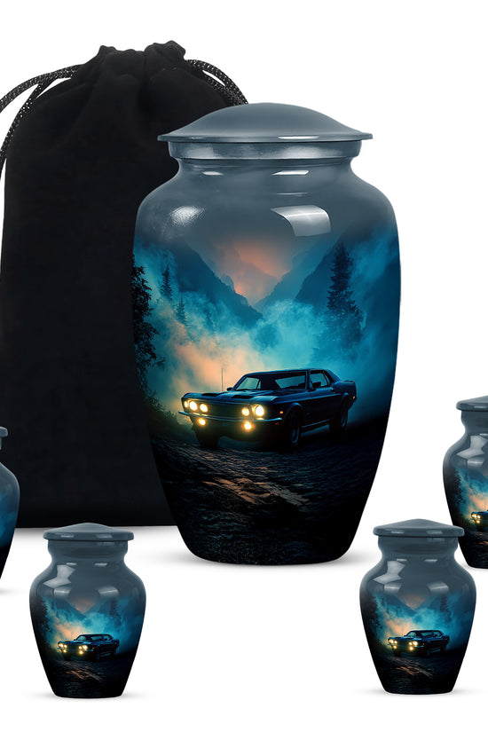 Icy Blue Car Cremation Urn top-down view of secure threaded lid - classic sculpted car pattern on smooth aluminum - memorial set with one large and four small urns